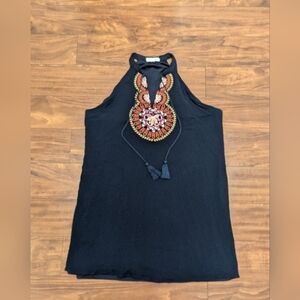 Navy Halter Dress with Embroidered Detail